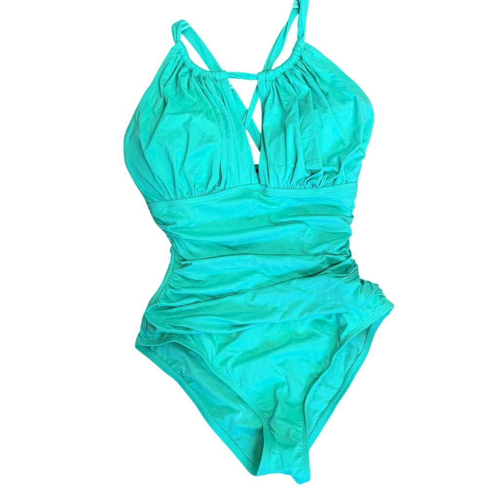 LA BLANCA Island Goddess Keyhole One Piece Swimsuit Ruched Calypso Womens Sz 12 - Picture 3 of 11